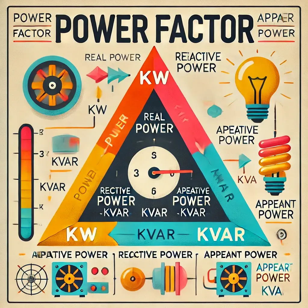 DALL·E 2025 03 22 10.22.19 An educational infographic illustrating power factor using a triangle diagram. The image should show the power triangle with Real Power kW on the ho
