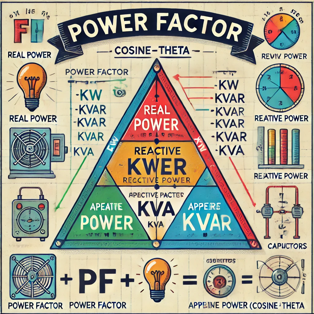 DALL·E 2025 03 22 10.23.30 An educational infographic illustrating power factor using a triangle diagram with formulas. The image should include the power triangle with Real Pow