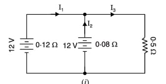 In the circuit of Fig. 3.46 (i), the internal resistances of the two 12 V batteries are 0.12 Ω and 0.08 Ω.