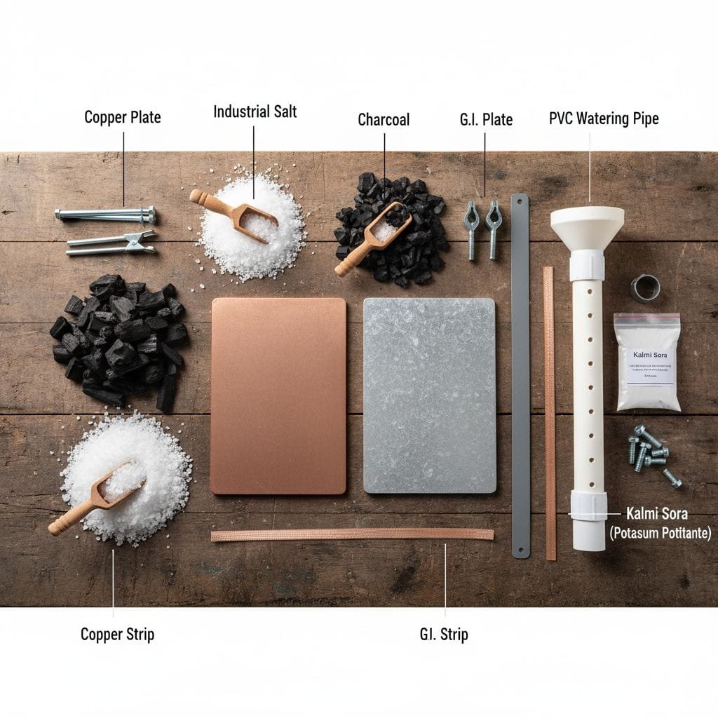 Materials Used in Plate Earthing – Copper Plate, Salt, Charcoal, and Accessories