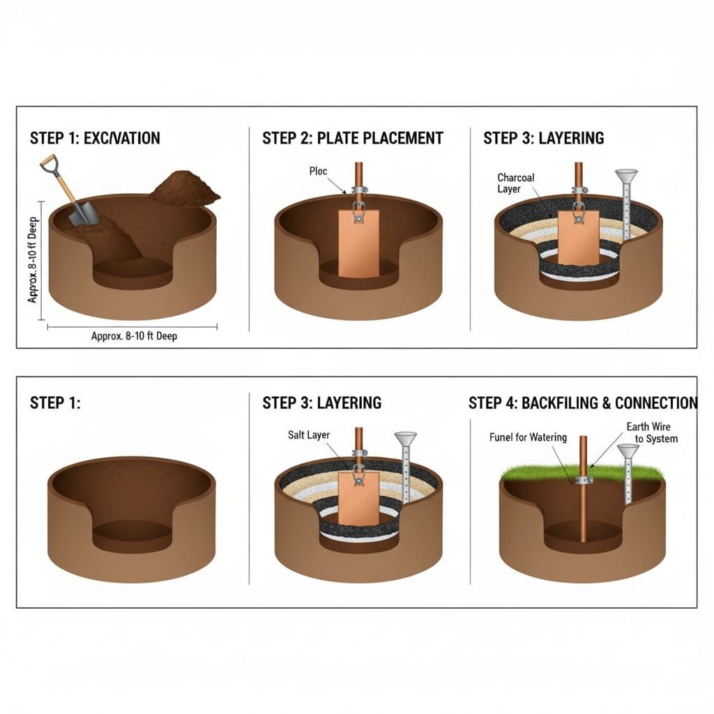 Plate Earthing Construction Steps with Watering Pipe and Earth Pit