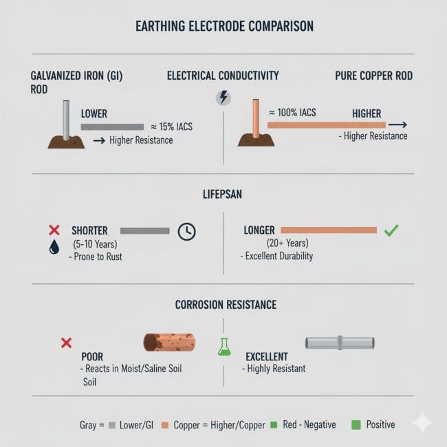 Comparison chart of GI earthing vs Copper earthing