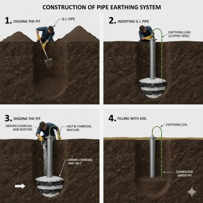 Step-by-step construction process of pipe earthing with G.I. pipe, charcoal and salt layers