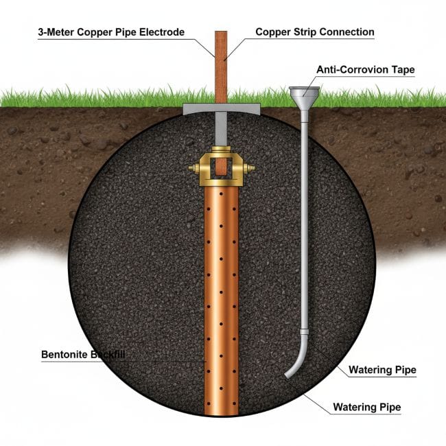 Copper pipe earthing pit with bentonite and charcoal