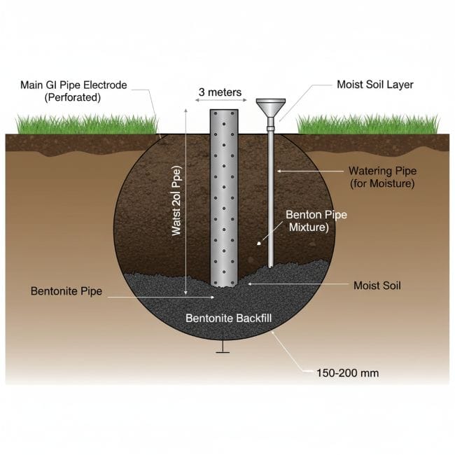 GI Pipe Earthing Field Construction Diagram with Pit Depth, Pipe Placement, Soil Layers and Watering System