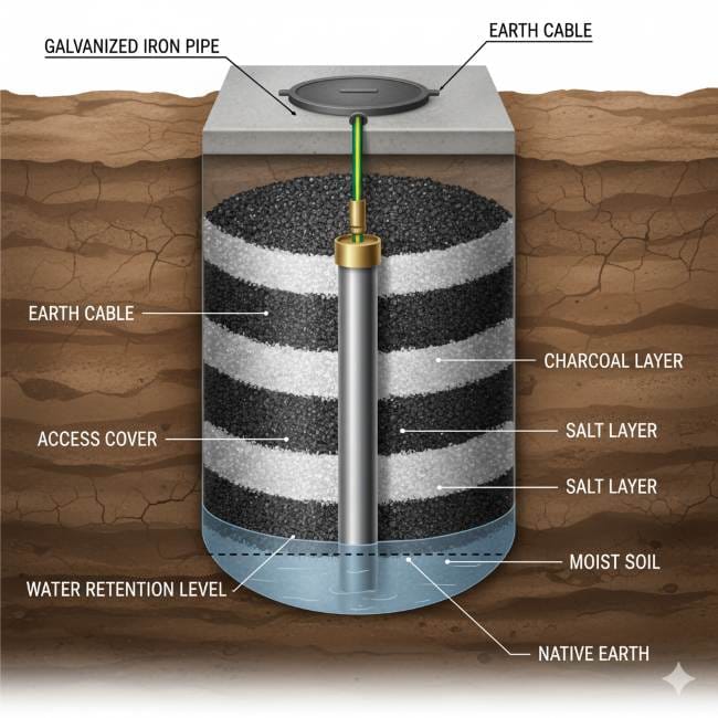 GI earthing rod installed in soil with charcoal and salt layers
