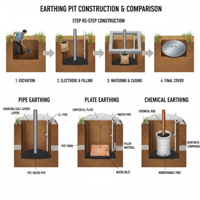 Infographic Showing Step-by-Step Earthing Pit Construction and Comparison of Pipe, Plate, and Chemical Earthing
