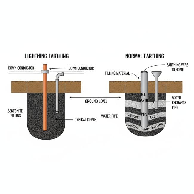 Lightning Earthing vs Normal Earthing comparison diagram with electrodes, materials, and depth.