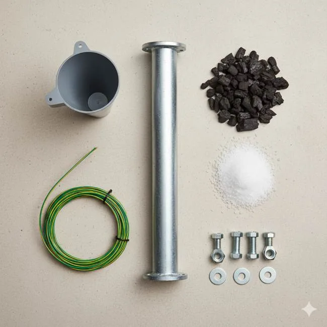Flat lay photo of materials for pipe earthing — G.I. pipe, salt, charcoal, wire, funnel, bolts, and clamps arranged neatly.”