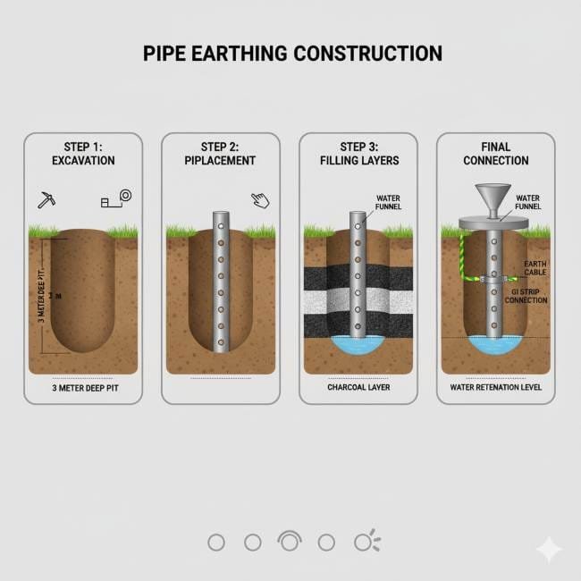 Pipe Earthing construction steps with pit, GI pipe, and charcoal-salt layers