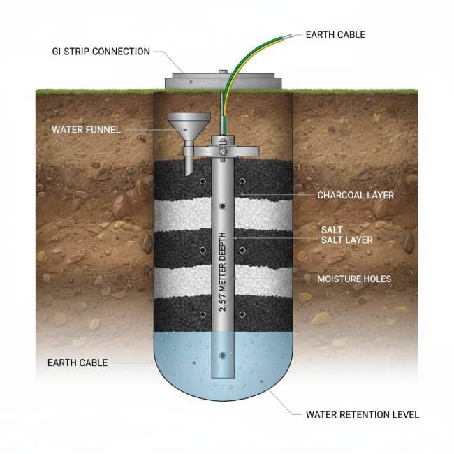 Pipe Earthing diagram showing GI pipe, charcoal-salt layers, and water funnel