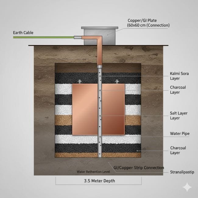 Plate Earthing system with copper plate, charcoal-salt layers, and water pipe
