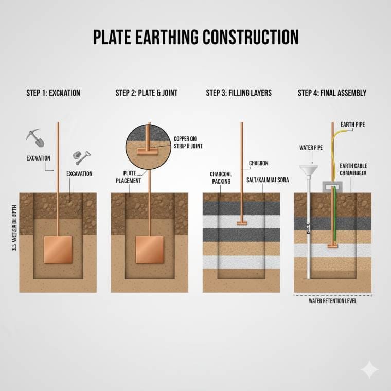 Plate earthing construction step-by-step diagram