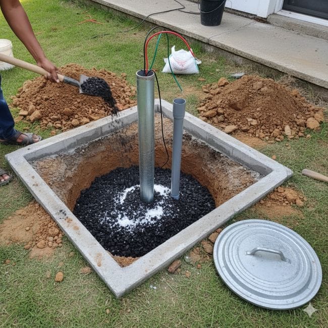 “Residential Earthing Pit with G.I. Pipe, Charcoal and Salt Layers, and PVC Watering Pipe