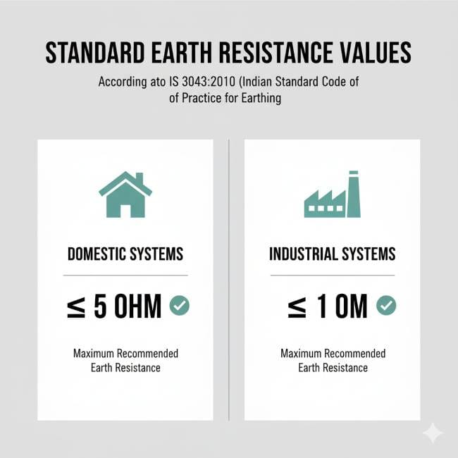 Earth resistance standard values for domestic and industrial pipe earthing systems as per IS 3043:2010"
