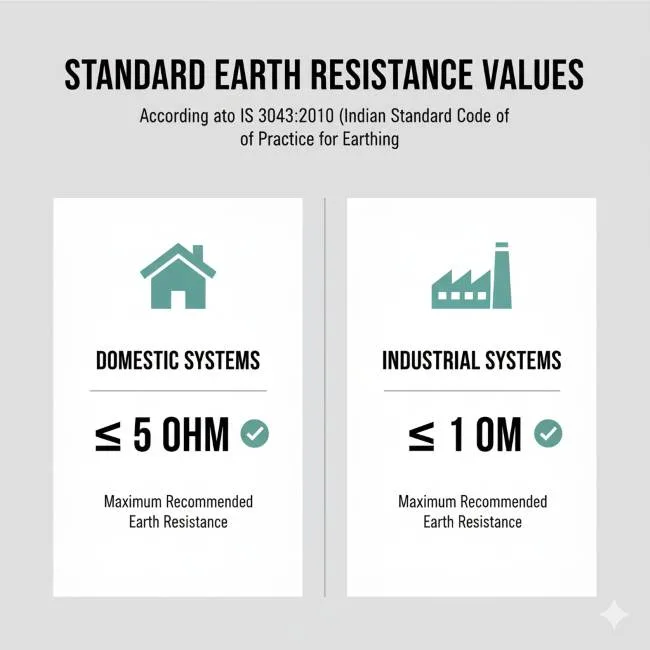 Earth resistance standard values for domestic and industrial pipe earthing systems as per IS 3043:2010"