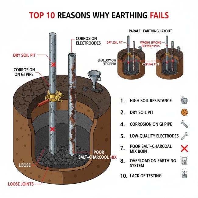 Technical diagram showing the top reasons why earthing fails and practical solutions such as bentonite, deep pits, corrosion-free electrodes, and proper testing