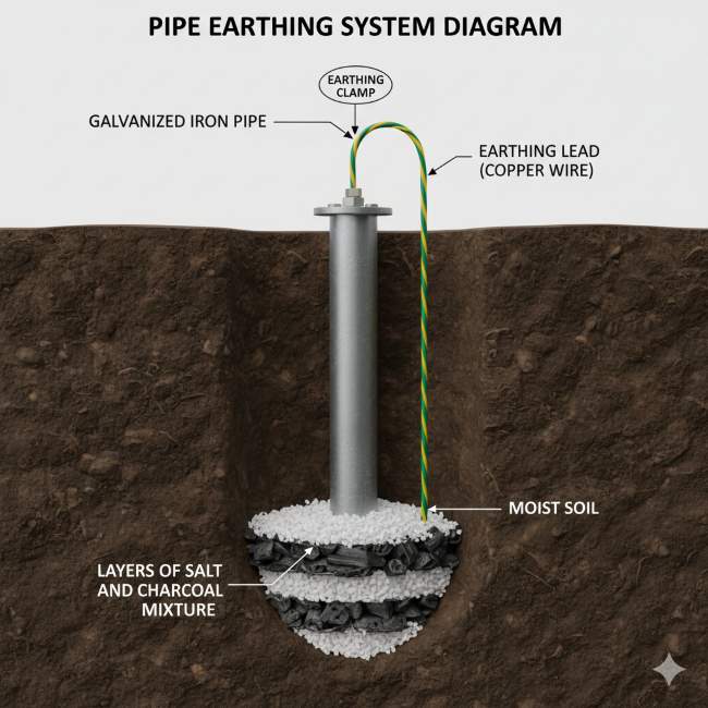 Pipe Earthing system diagram with G.I. pipe, charcoal, and salt layers buried underground"