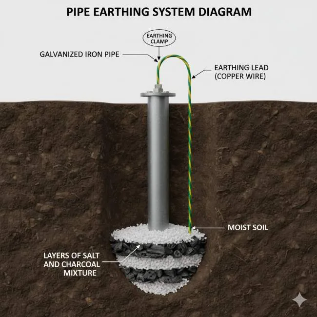 Pipe Earthing system diagram with G.I. pipe, charcoal, and salt layers buried underground"