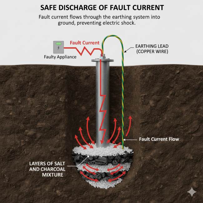 "Working principle of pipe earthing showing current flow to ground during electrical fault"