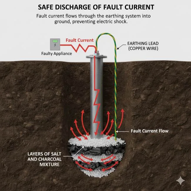 "Working principle of pipe earthing showing current flow to ground during electrical fault"