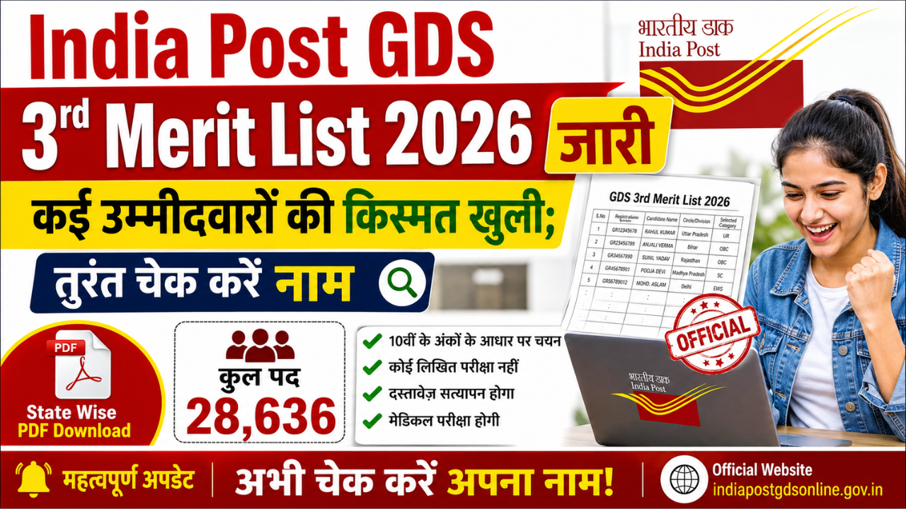 India Post GDS 3rd Merit List 2026 जारी, कई उम्मीदवारों की किस्मत खुली; तुरंत चेक करें नाम कुल पद 28,636