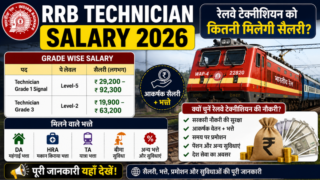 RRB Technician Salary 2026: रेलवे टेक्नीशियन को कितनी मिलेगी सैलरी? 1 RRB Technician Salary 2026: रेलवे टेक्नीशियन को कितनी मिलेगी सैलरी?