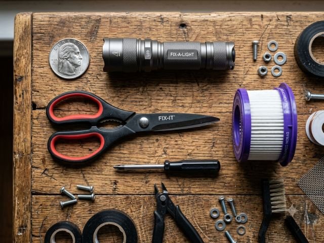 DIY toolkit on a workbench for fixing a dyson cordless vacuum losing suction including a quarter coin flashlight scissors and a purple HEPA filter