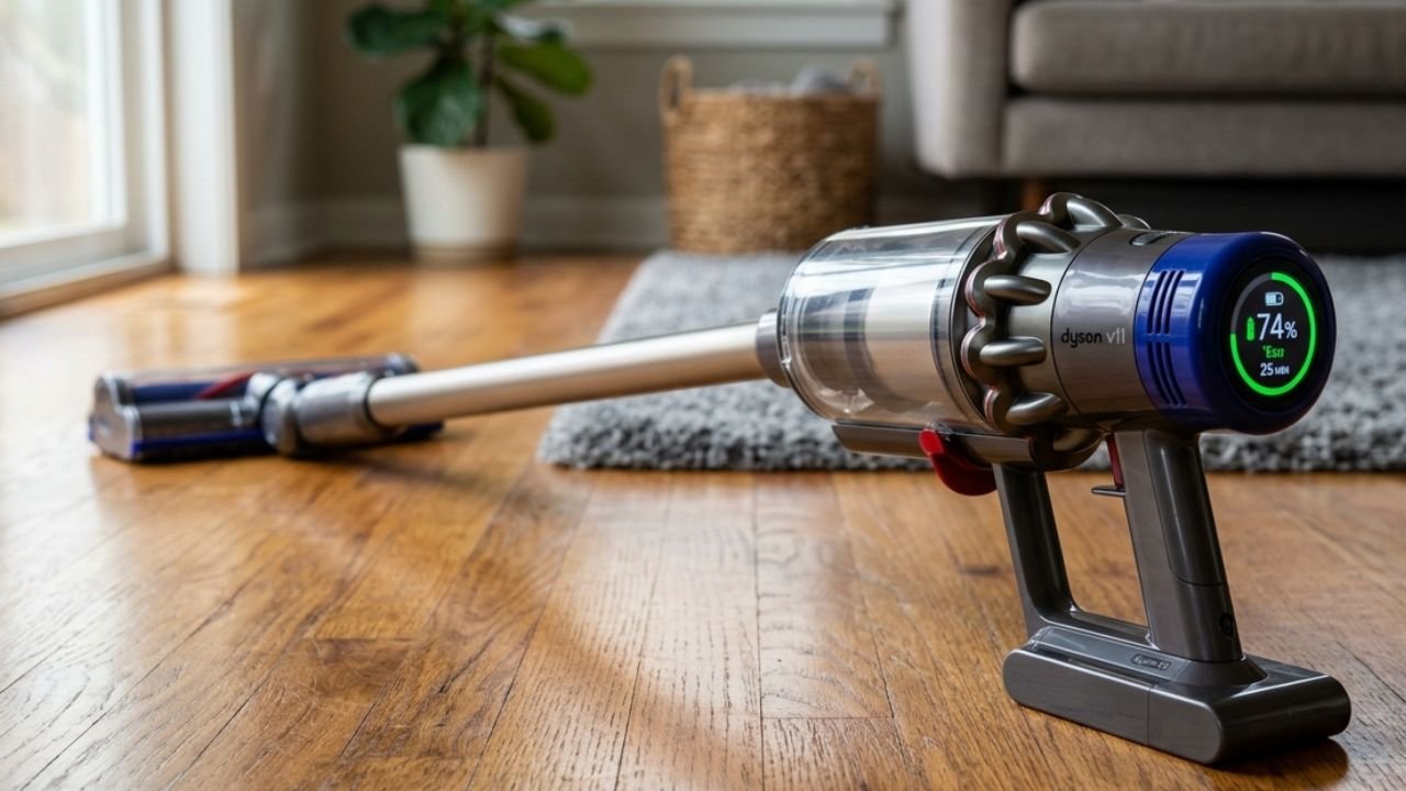 Dyson V11 cordless vacuum losing suction power fix showing a stick vacuum on a hardwood floor with the LCD screen illuminated