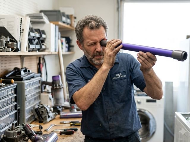 Technician looking through a long purple aluminum extension wand tube to check for a clog causing the dyson v11 losing suction problem